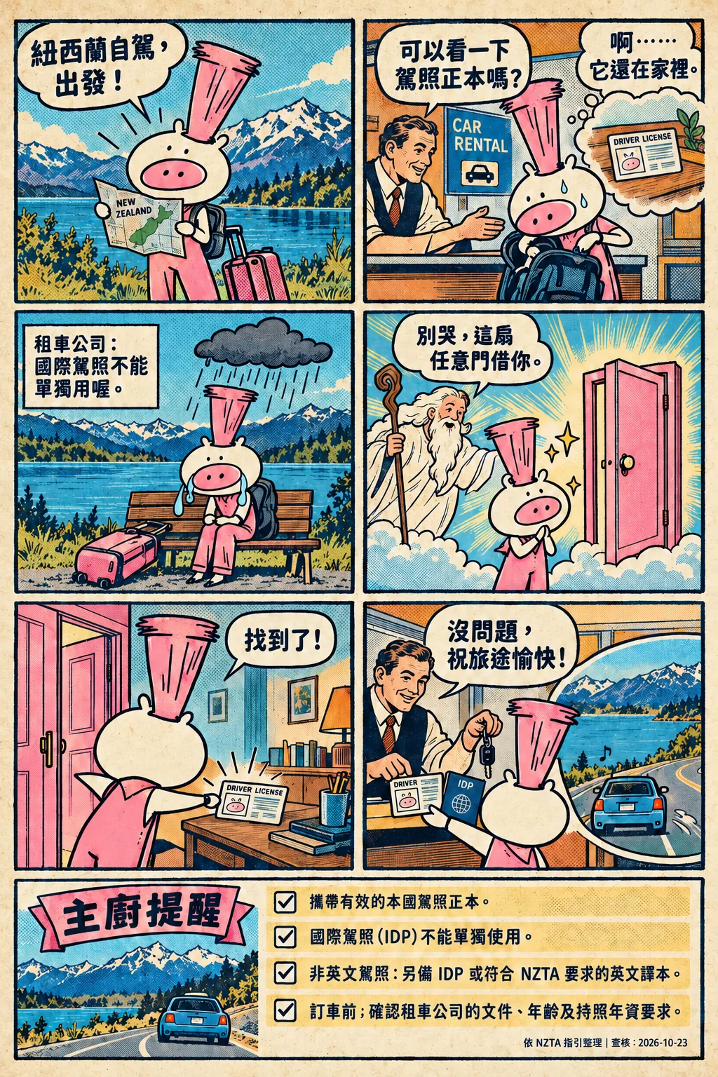 駕照任意門篇完整漫畫;文字摘要與提醒在圖片下方