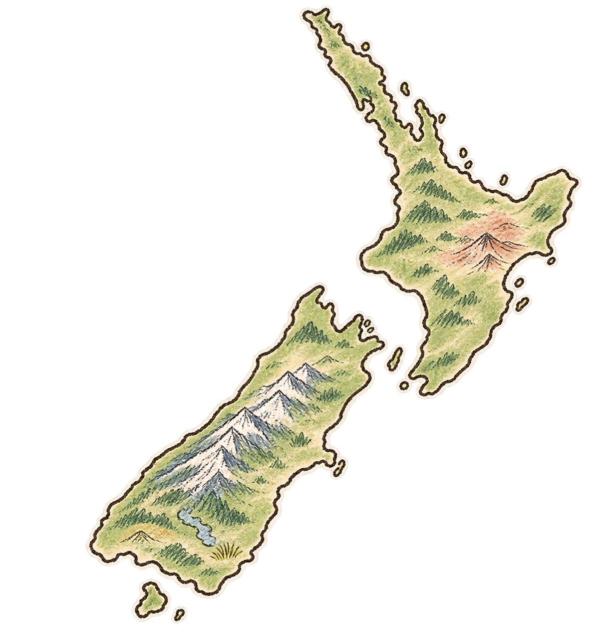 手繪紐西蘭北島與南島裝飾圖案